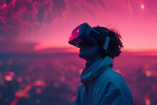 Generative AI illustration of individual lost in a virtual world, with a VR headset against a surreal pink sky