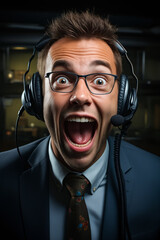 Poster - Man wearing headphones and suit with surprised look.