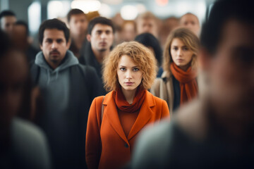 Wall Mural - Woman with red hair standing in crowd of people.