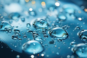 Poster - Close-up of glistening water droplets delicately resting on a smooth, vibrant blue surface
