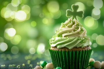 Wall Mural - Delicious Saint Patrick’s day green cupcake on a green blurred background with copy space for text