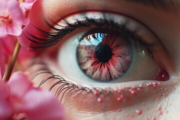 Poster - persons eye, set against a dreamy backdrop of delicate pink flowers in bloom