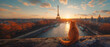 Cat on the rooftops of Paris with the Eiffel Tower background. Landscape Paris, France. Banner text space. Paris's view banner