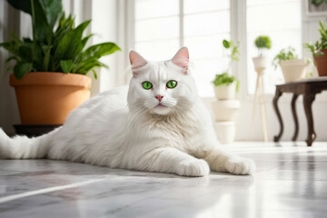 Wall Mural - White cat with green eyes sits on marble floor near potted plant.