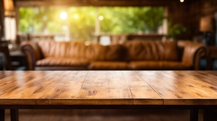 Poster - Wooden table is in front of brown couch.