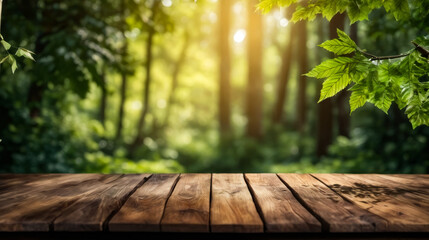 Wall Mural - Wooden bench is in sunny spot surrounded by green leaves and trees.