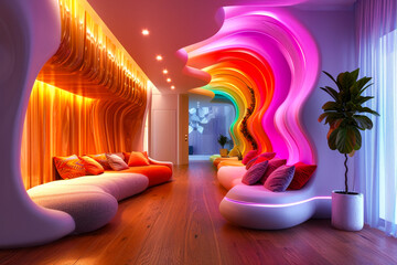 Poster - Living room with colorful wave-like structure on one side and three couches arranged along the wall.