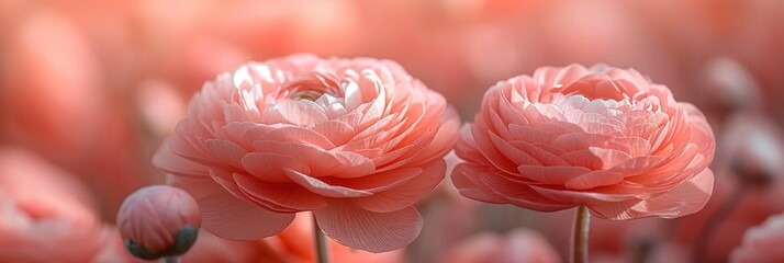 Wall Mural - A field of vibrant pink ranunculus flowers swaying gently in the wind, with a dreamy, blurred background adding a sense of surreal beauty