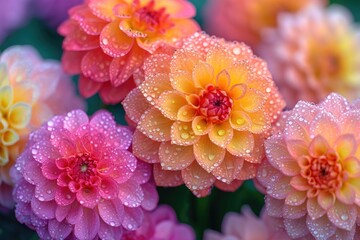 Poster - A collection of vibrant dahlia flowers adorned with sparkling water droplets, reflecting the beauty of natures delicate balance