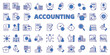 Accounting icons in line design, blue. Accounting, analytics, finance, business, money, financial, audit, tax, budget, capital isolated on white background vector. Accounting editable stroke icons.