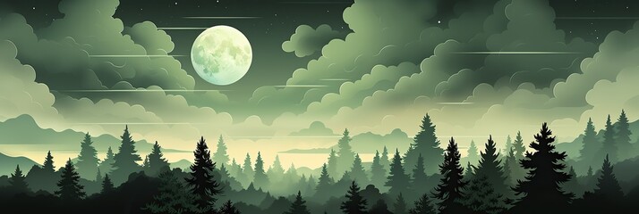 Wall Mural - A mystical forest is illuminated by the soft glow of a full moon in the midnight sky, casting a tranquil and enchanting ambiance over the landscape