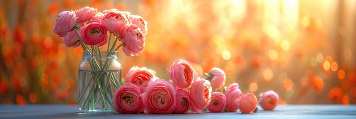 Poster - Mothers day banner. A delicate vase holds a collection of vibrant pink flowers, carefully arranged on top of a wooden table