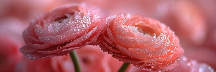 Poster - delicate pink flowers adorned with shimmering water droplets, creating a serene and picturesque scene of natural beauty