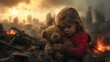Sad little girl with her teddy bear, in the ruin of the city from war and explosion. Buildings are destroyed by bombs. Victim from war.