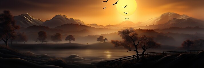 Poster - A mesmerizing painting capturing the beauty of a sunset, with a vibrant sky painted in warm tones. Birds soar gracefully in the sky, adding a sense of freedom and movement to the scene