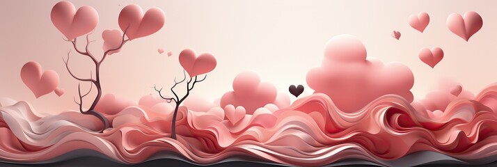 Aufkleber - A vibrant pink landscape painting filled with whimsical hearts floating in the air, creating a dreamy and romantic atmosphere