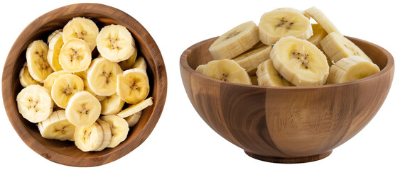 Wall Mural - Banana slices in a wooden bowl, side and top view, isolated on a white background