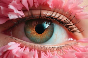 Poster - A stunning close-up shot of a persons eye with delicate pink flowers framing it, creating a dreamy and romantic aesthetic