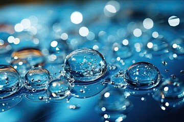 Poster - A mesmerizing group of water droplets dances gracefully on a serene blue surface, creating a peaceful and ethereal scene
