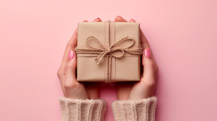Womans hands holding wrapped in brown craft paper present gift box with thread bow over light pink background.