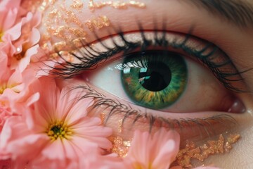 Poster - A detailed close-up of a persons eye, surrounded by vibrant flowers in a mesmerizing display of beauty and nature