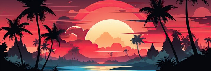 Poster - Sun dipping below horizon, casting warm hues on palm trees by tranquil lagoon