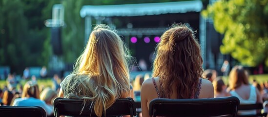 Female friends watching outdoor concert in park, facing stage from behind.