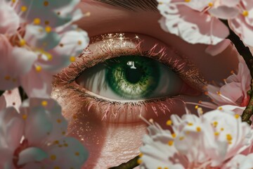 Poster - A captivating close-up shot of a persons eye delicately framed by a variety of vibrant and delicate flowers, creating a mesmerizing and dream-like composition