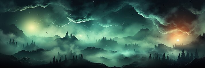 Poster - A mesmerizing painting depicting a night sky awash with twinkling stars and billowing clouds, creating a serene and enchanting atmosphere