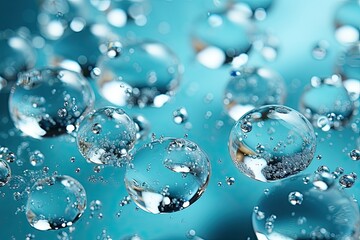 Aufkleber - A mesmerizing scene unfolds as a group of iridescent bubbles gracefully float on the surface of a vibrant blue liquid
