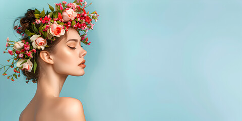 Wall Mural - Beauty close eyes woman with flowers on head.