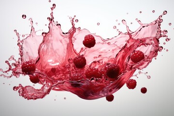 Poster - Fresh raspberries gracefully fall into a splash of water, creating a beautiful and refreshing composition