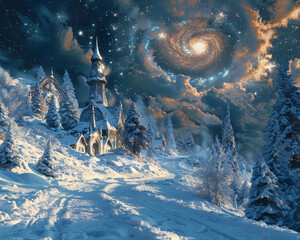 Snow covered wonderland with tourists and fairy tale animals a galaxy shimmering overhead