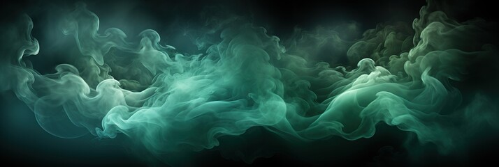 Poster - Wisps of emerald and ivory smoke swirl gracefully against a deep black backdrop, creating an otherworldly and enchanting atmosphere