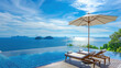 © NooPaew - Beautiful landscape of sea ocean on sky with umbrella and chair around luxury outdoor swimming pool in hotel resort for leisure travel and vacation.