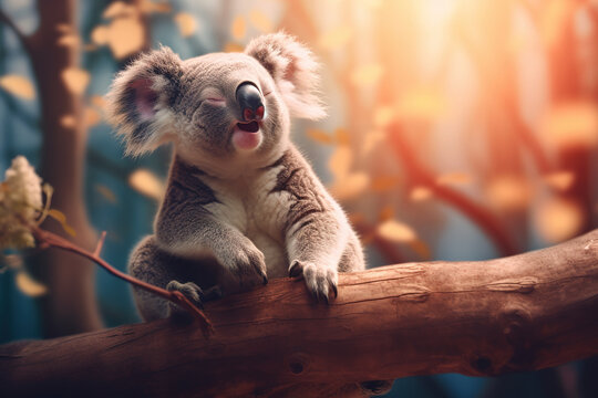 Koala bear sitting on a branch in its natural habitat.
