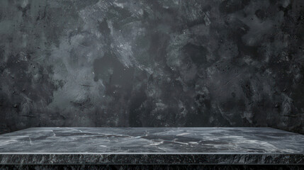 empty grey marble tabletop with dark black cement stone background for product displayed in rustic mood and tone. luxury background for product stand with empty copy space for party.