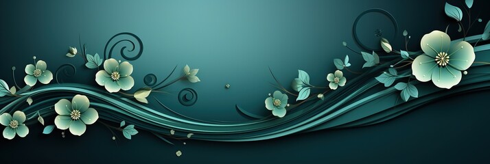 Fototapete - A harmonious blend of blue and green hues, adorned with delicate flowers and elegant swirls creating a mesmerizing and enchanting scene