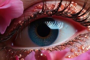Poster - A close-up photo showcasing a persons eye surrounded by delicate pink flowers, creating a captivating and enchanting visual experience