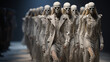 Fashion show models catwalk in hell concept. mocking fashion, skeletons. AI generated