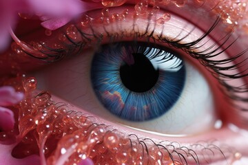 Poster - A captivating close-up image of a stunning blue eye set against a backdrop of soft pink flowers, creating a harmonious and enchanting visual contrast
