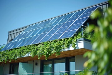 Wall Mural - A house featuring a sleek solar panel on the roof, capturing and converting sunlight into renewable energy