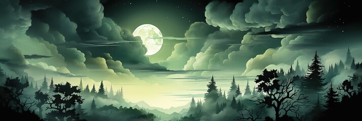 Poster - A mesmerizing painting depicting a full moon casting its ethereal glow over a dense forest, illuminating the shadowy trees below