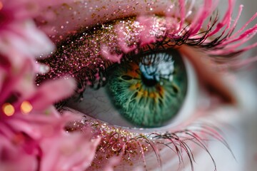 Poster - persons eye, beautifully contrasted with soft, pink flowers that add a touch of femininity and elegance