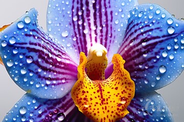 Poster - A striking blue and yellow flower glistens with droplets of water, capturing the essence of beauty and purity in nature