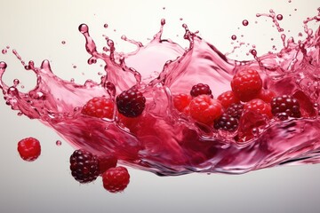 Poster - Fresh raspberries burst into a pool of water, creating a dynamic splash and ripples in a mesmerizing blend of red and blue