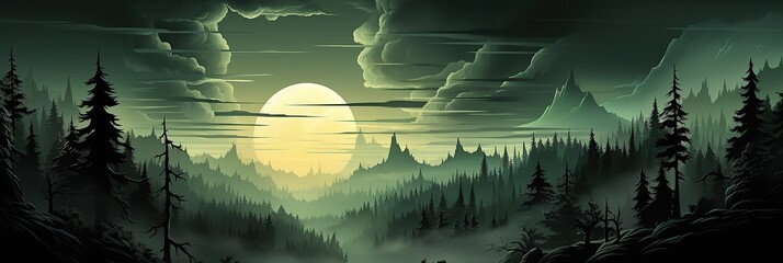 Poster - A serene painting of a dense forest illuminated by the soft glow of a full moon, casting shadows of trees and creating a magical atmosphere