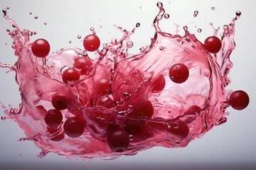 Wall Mural - Fresh cherries delicately float in a splash of water, creating a vibrant and refreshing sight