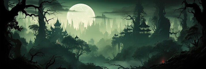 Poster - A mesmerizing painting capturing a serene forest scene under the enchanting glow of a full moon in the night sky