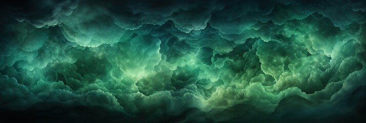 Poster - A mysterious captivating scene unfolds as swirling clouds drift across a vivid green and black background, creating a mesmerizing play of shadow and light